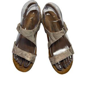 NAOT "PAMELA" SANDAL, SIZE 37/6.5  BEIGE/METALLIC SNAKE LEATHER